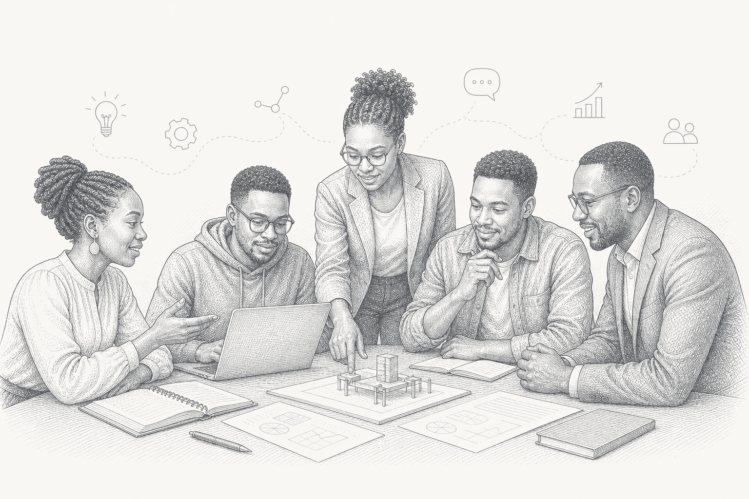 African builders, researchers and leaders collaborating around an AI project